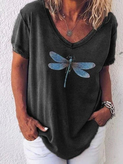 Women's Casual V-Neck Tee with Dragonfly Print and Short Sleeves