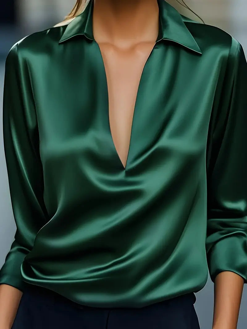Women's V-Neck Blouse with Satin Finish and Elegant Design