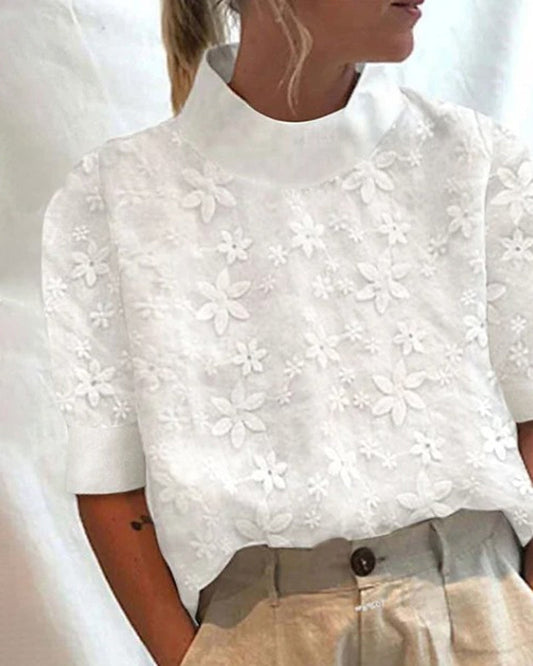 Women's Floral Stand-Up Collar Top with Button Closure and Lightweight Fabric
