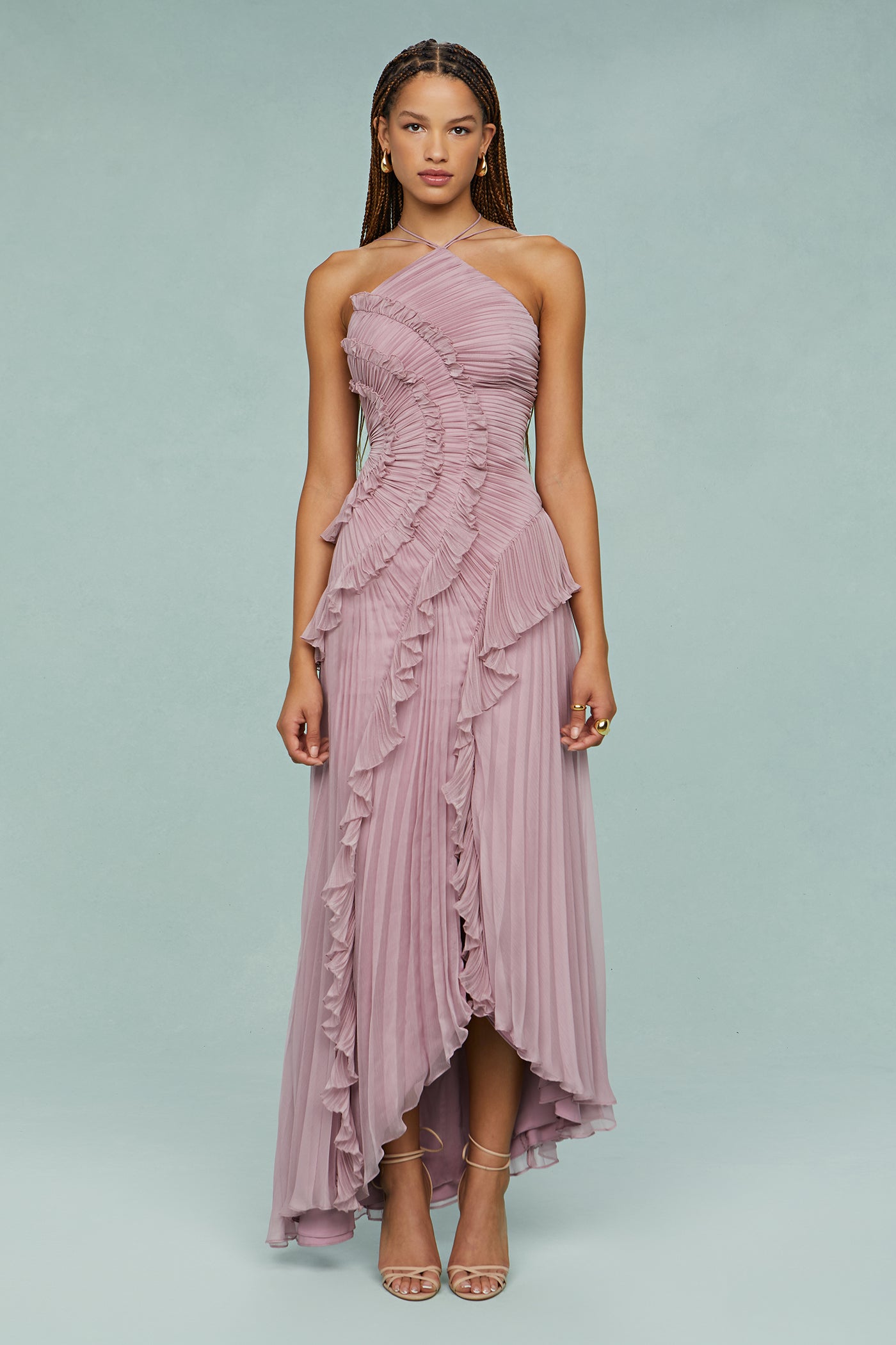 Timelessly Halter Neckline Pleated Crepe With Radiant Cascading Silhouette Dress