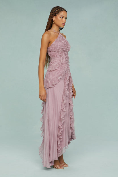 Women's Halter Dress with Adjustable Neckline and Flowing Skirt