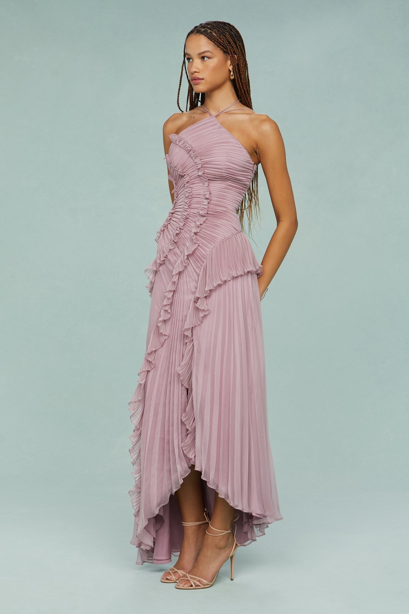 Women's Halter Dress with Adjustable Neckline and Flowing Skirt