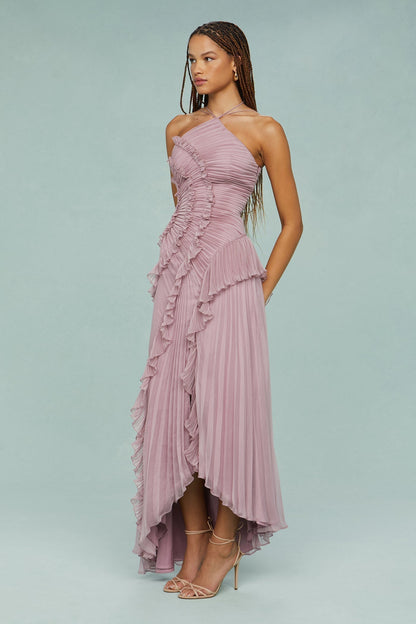 Women's Halter Dress with Adjustable Neckline and Flowing Skirt