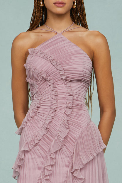 Women's Halter Dress with Adjustable Neckline and Flowing Skirt