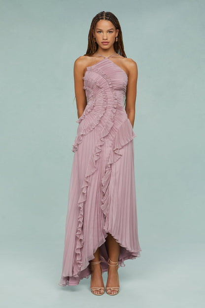 Women's Halter Dress with Adjustable Neckline and Flowing Skirt