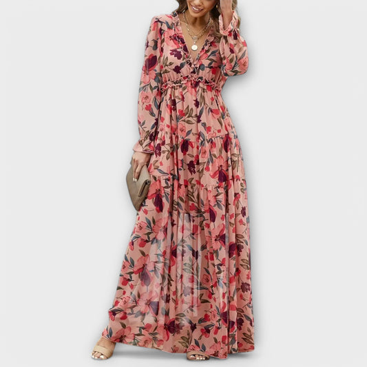 Effortless Floral V-Neck Lightweight Georgette Maxi Dress With Flowing Silhouette