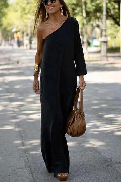 Women’s Asymmetric Shoulder Maxi Dress – Elegant Solid Geometric Silhouette Floor Length Dress