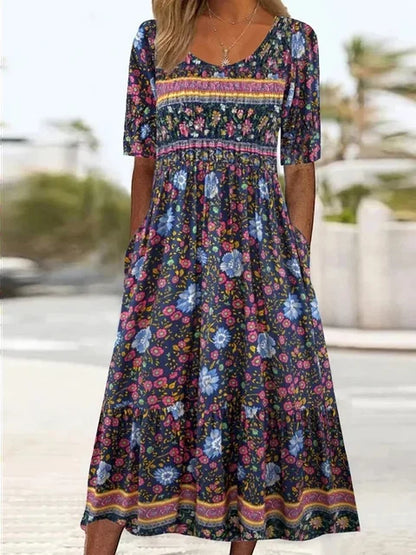 Women's Bohemian Print Dress with Round Neckline and Flowy Skirt