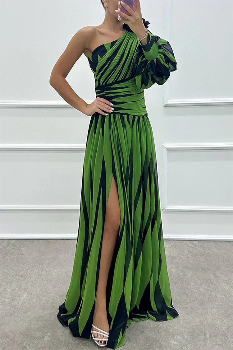 Women's Striped One Shoulder Maxi Dress with Flowing Design and Versatile Style
