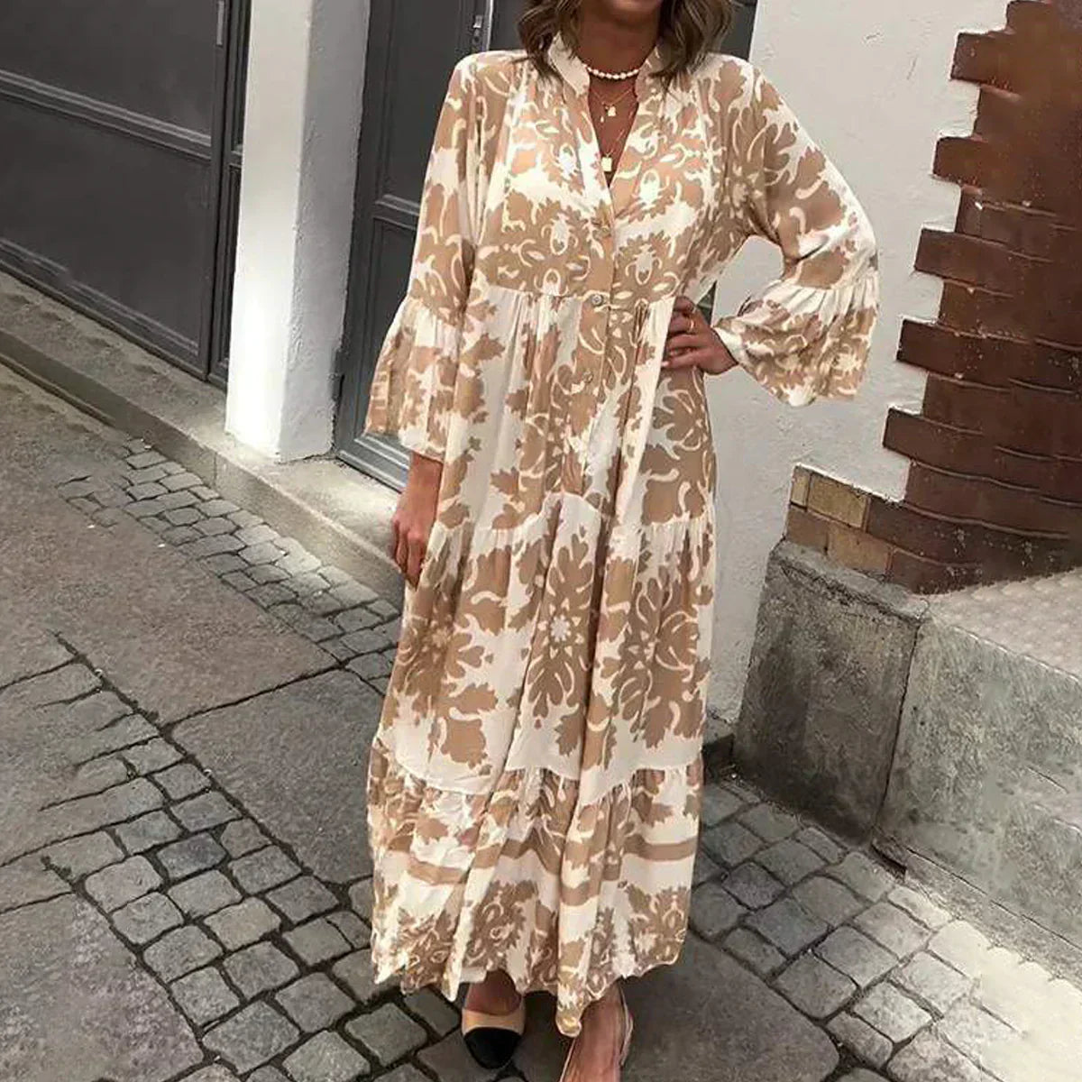 Luxuriously Bohemian Draped Silhouette Printed Flowing Maxi Dress For Timeless Elegance