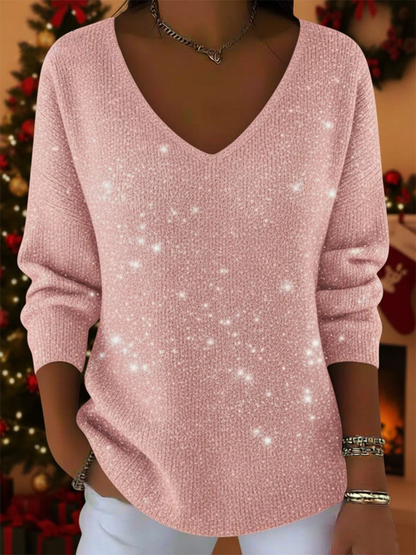Women's V-Neck Jumper with Festive Design and Soft Knit