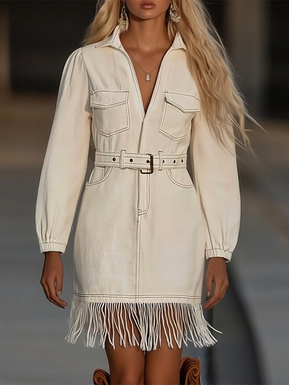 Retro High-End Fashion Tassel Splicing Denim Mini Dress