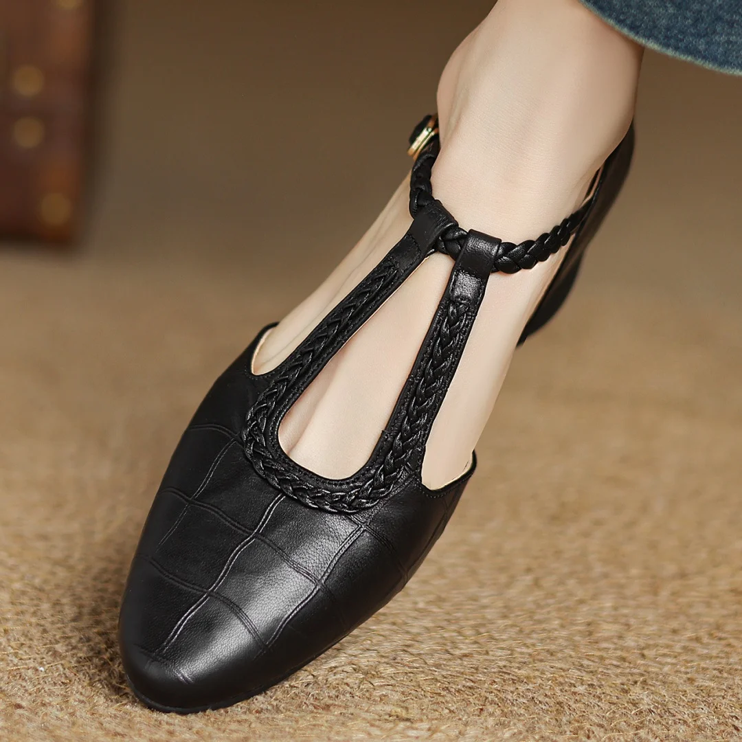 Women's T-Strap Mary Jane Flats with Pointed Toe and Classic Design