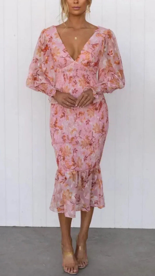 Women's Evening Dress with Floral Print and Draped Design