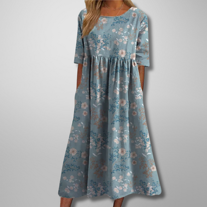 Effortlessly Sophisticated Luxurious Linen Floral Print Flowing Silhouette Midi Dress