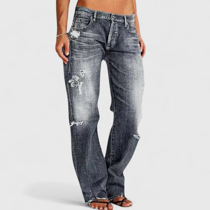 Women's Distressed Straight Leg Jeans with Low Rise and Classic Fit