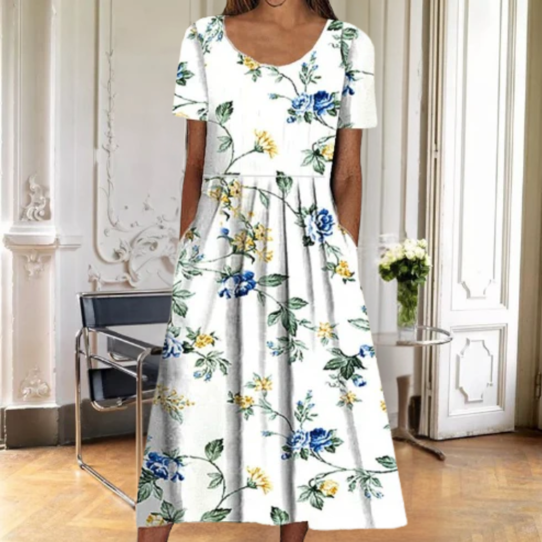 Women's Floral Dress with Short Sleeves and A-Line Silhouette