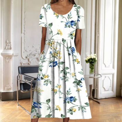 Women's Floral Dress with Short Sleeves and A-Line Silhouette