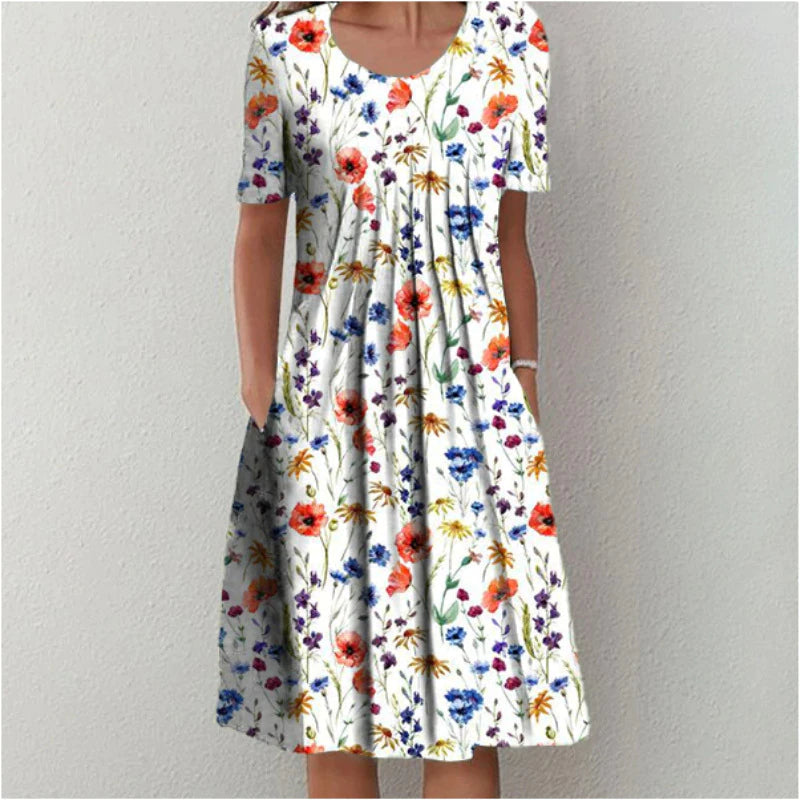 Women's Casual Floral Dress with Pockets and Short Sleeves