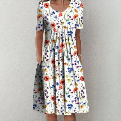 Women's Casual Floral Dress with Pockets and Short Sleeves