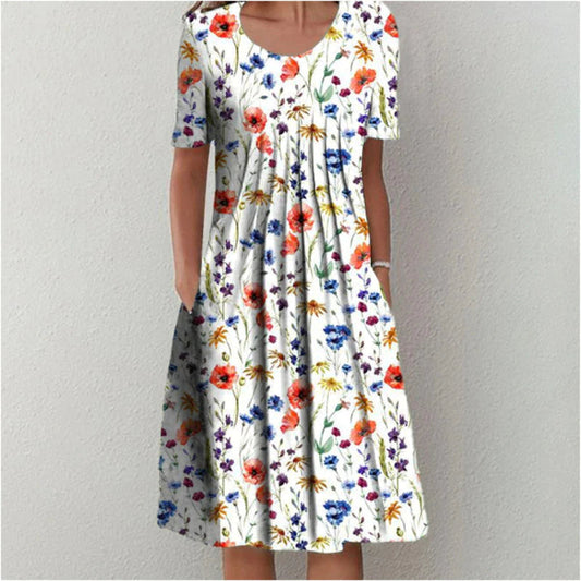 Women's Casual Floral Dress with Pockets and Short Sleeves