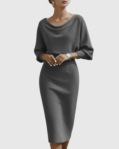 Women's Midi Dress with Cowl Neck and Batwing Sleeves