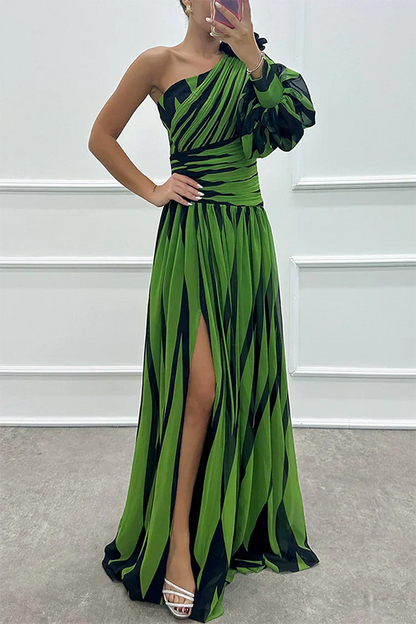 Timeless Elegant One Shoulder Asymmetric Striped Satin Flowing Evening Wear Maxi Dress