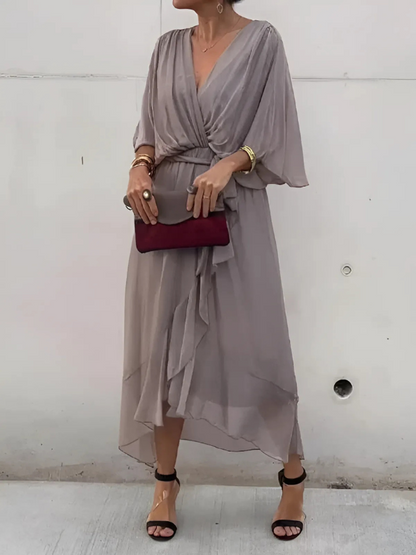 Timeless Elegant Wrap Front Georgette Chiffon Multiway Flex Draped Silhouette Midi Dress