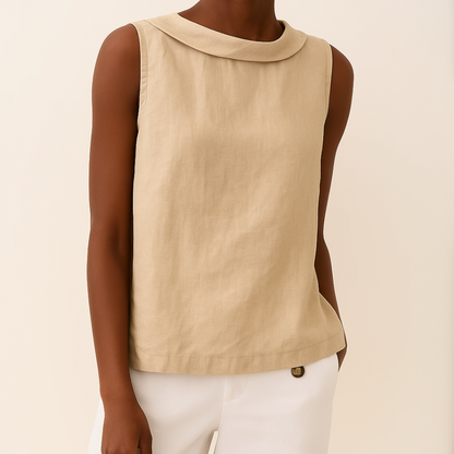 Women's Sleeveless Roll Collar Top with Button Detail and Breathable Fabric