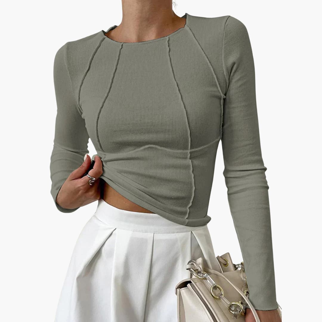 Women's Long Sleeve Top with Sculpted Seams and Fitted Design