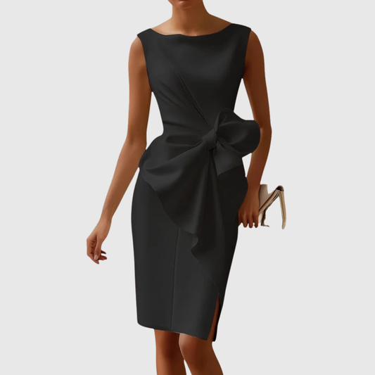 Women's Boat Neck Midi Dress with Sleeveless Design and Bow Detail