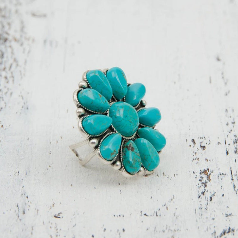 Women's Alloy Flower Ring with Turquoise Accent and Unique Design