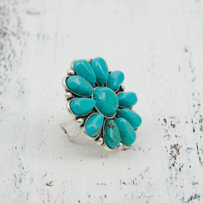 Women's Alloy Flower Ring with Turquoise Accent and Unique Design