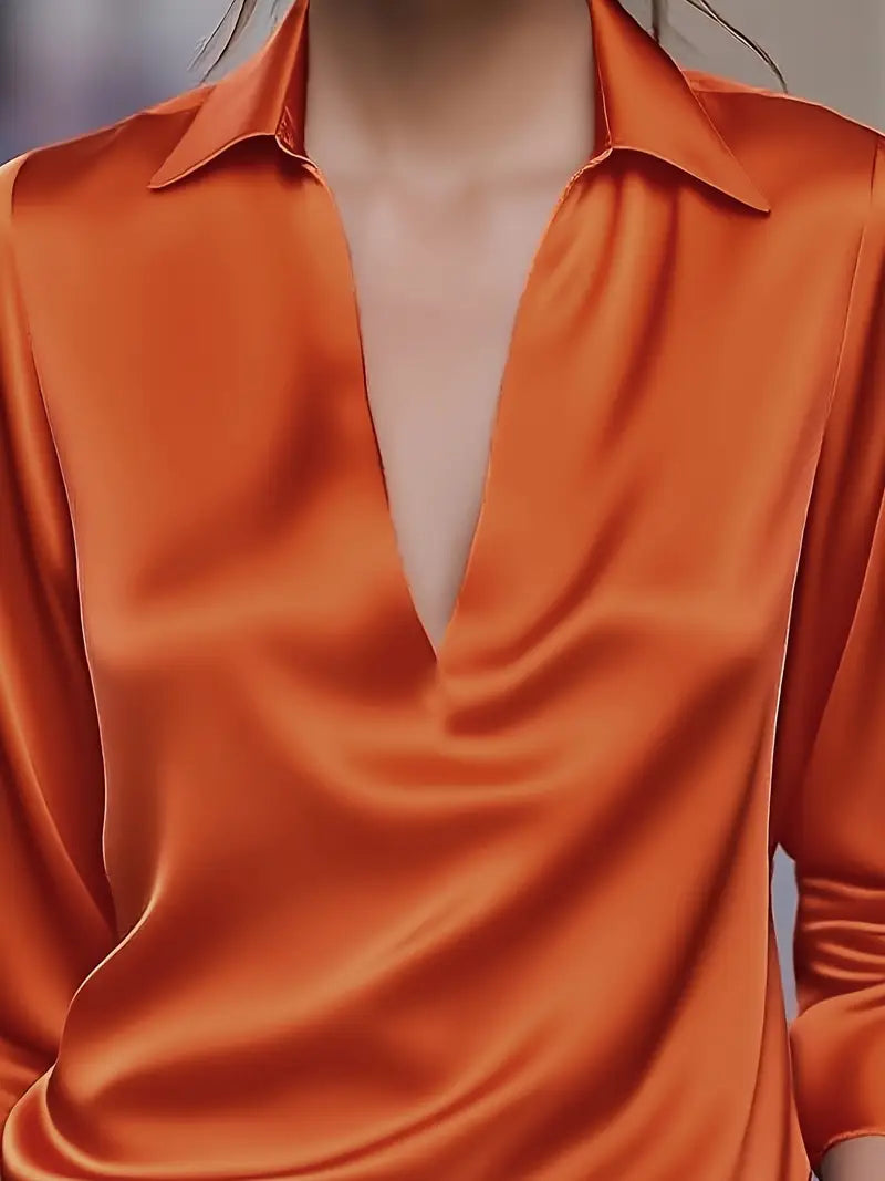 Women's V-Neck Blouse with Satin Finish and Elegant Design