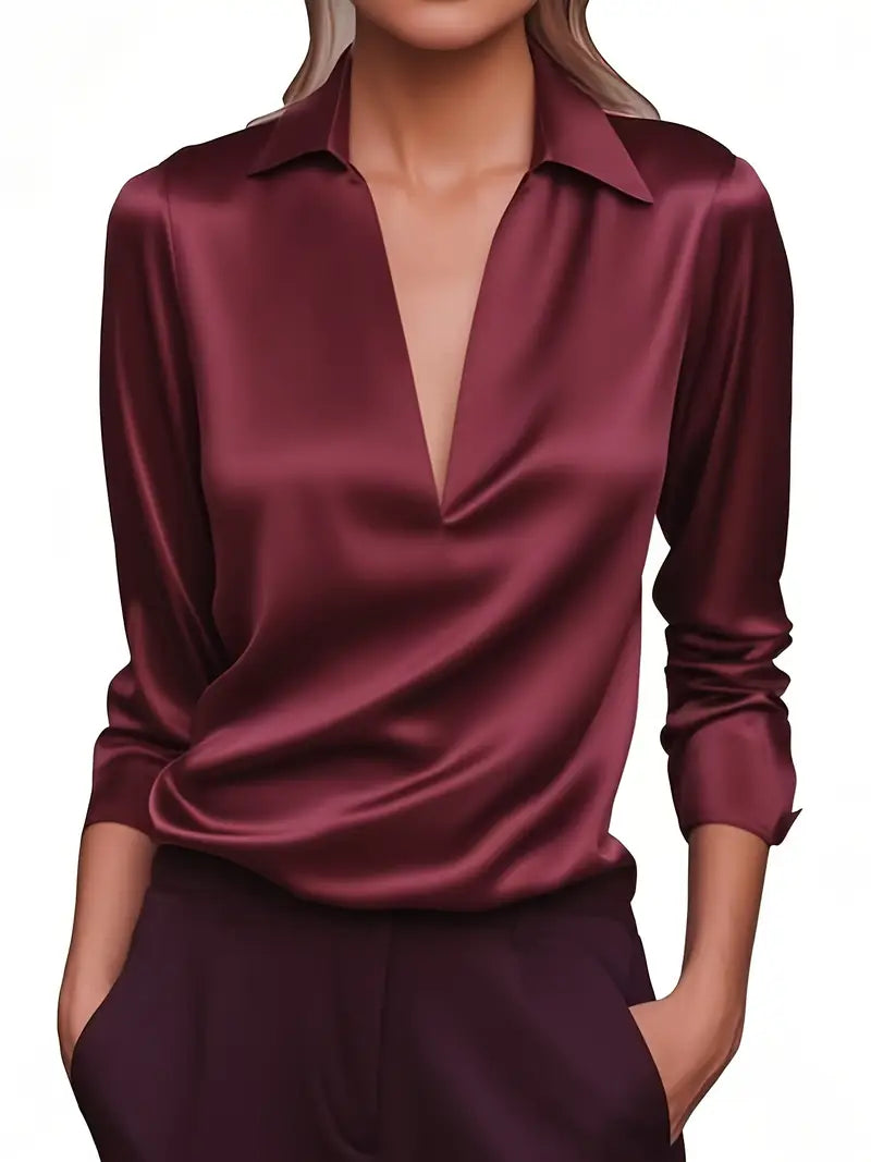 Women's V-Neck Blouse with Satin Finish and Elegant Design