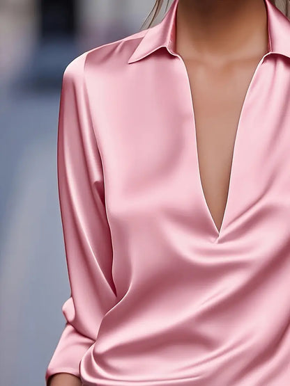 Women's V-Neck Blouse with Satin Finish and Elegant Design