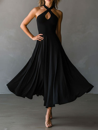 Glamorous Vintage Halter Neck Keyhole Back Black Satin Midi Dress