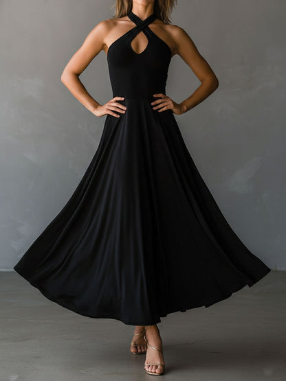 Glamorous Vintage Halter Neck Keyhole Back Black Satin Midi Dress