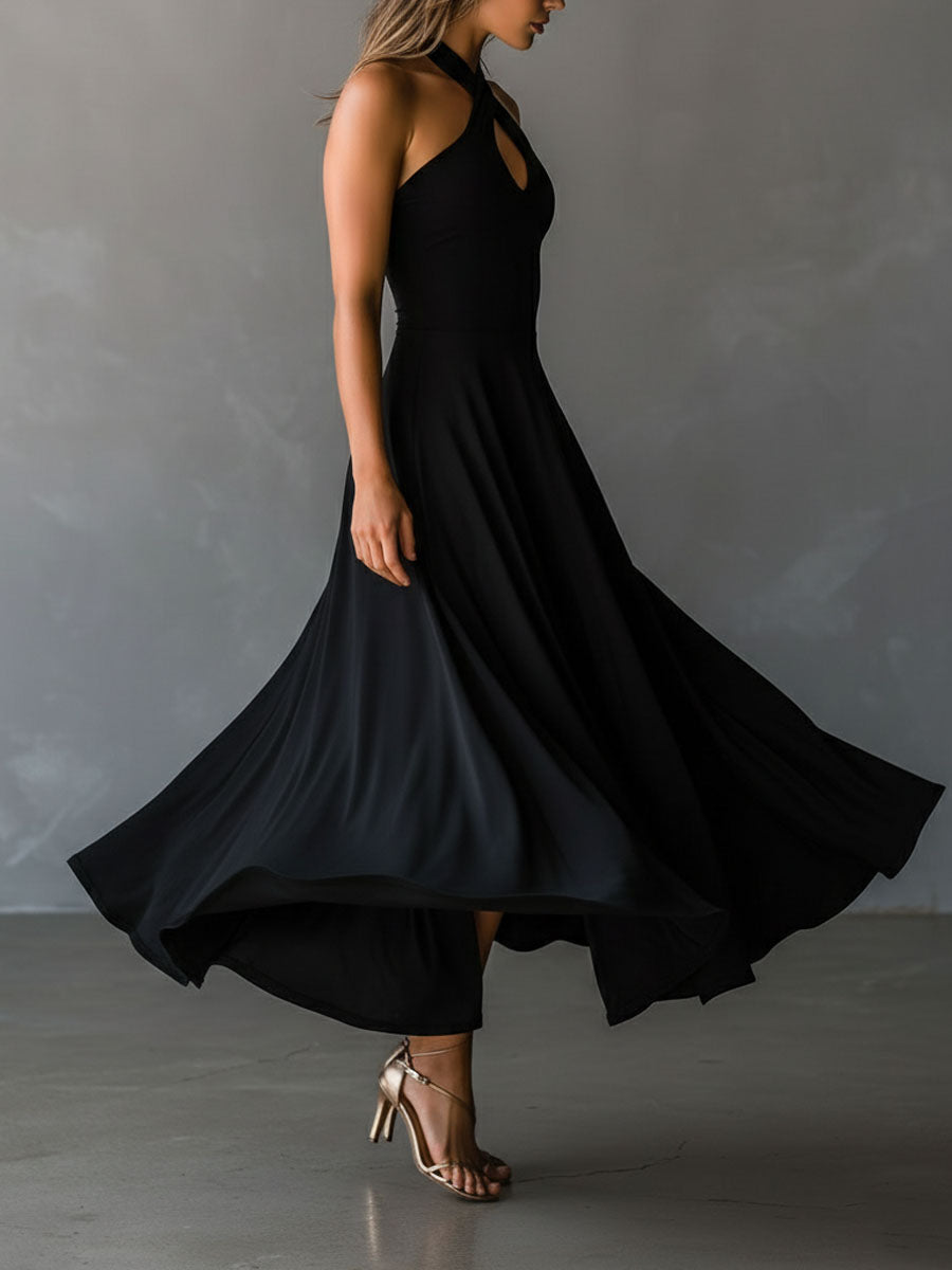 Glamorous Vintage Halter Neck Keyhole Back Black Satin Midi Dress