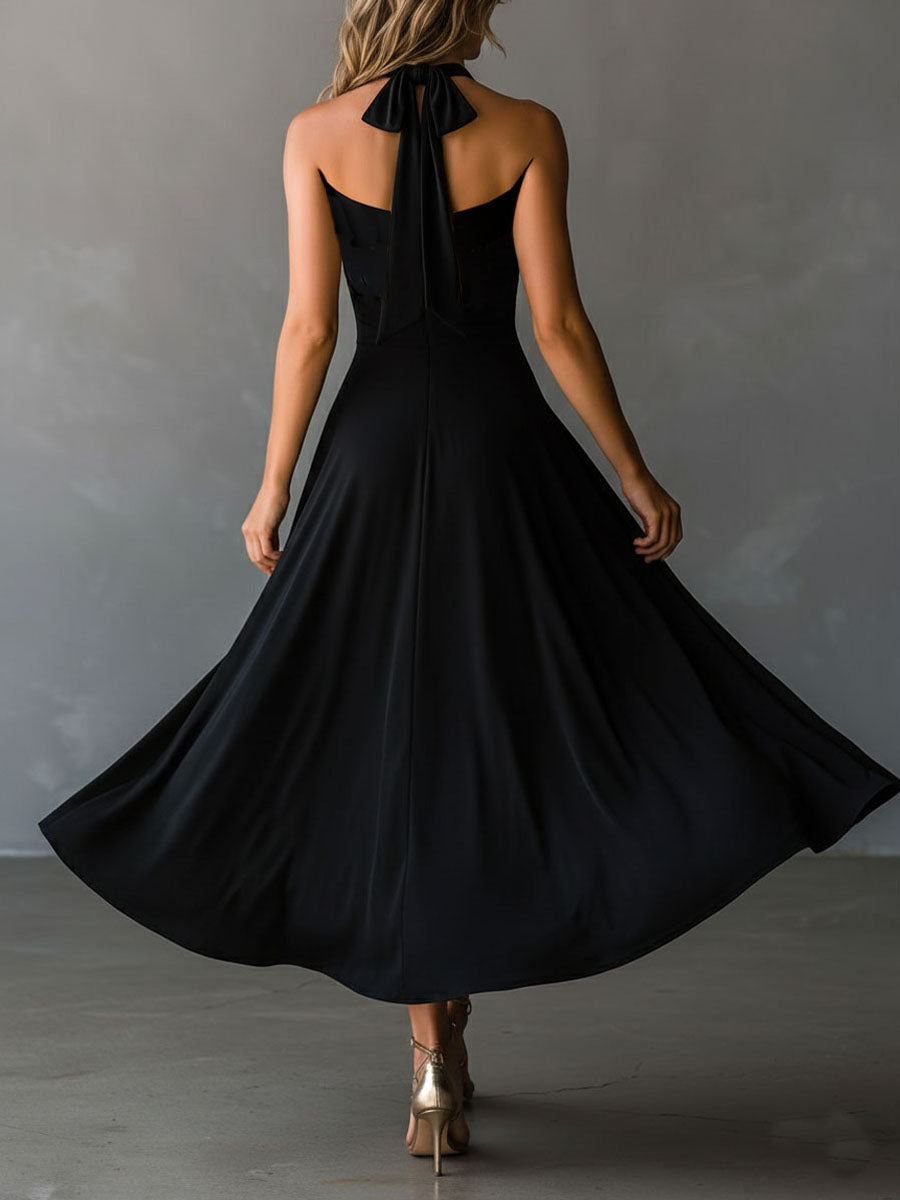 Glamorous Vintage Halter Neck Keyhole Back Black Satin Midi Dress