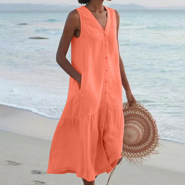 Women's Buttoned Midi Dress with Sleeveless Design and Versatile Style