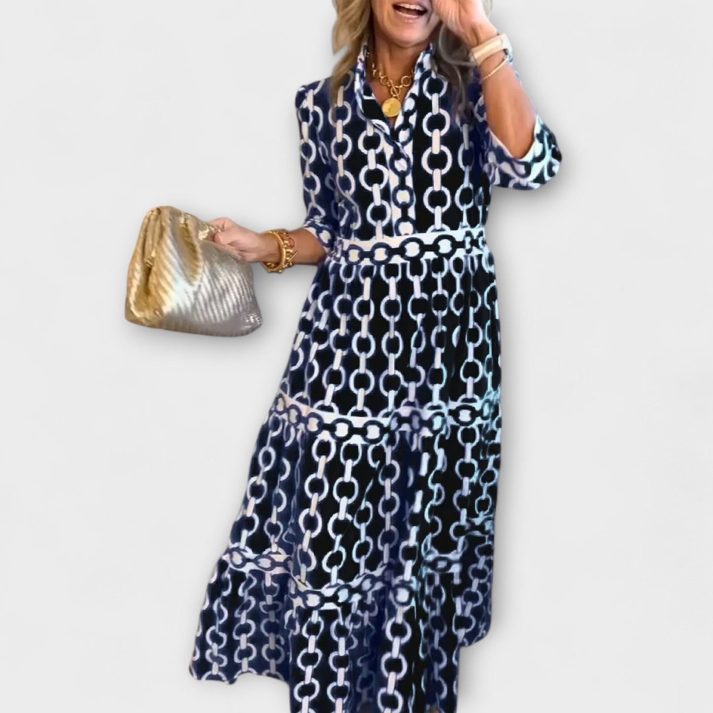 Elegant Smoothing Waistline Chain Pattern Tiered Silhouette Exquisite Midi Dress