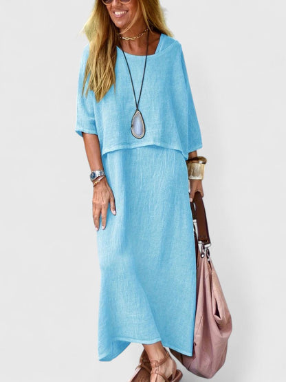 Women's Relaxed Linen Two-Piece Set: Layered Short-Sleeve Top and Sleeveless V-Neck Maxi Dress in Oatmeal Tone