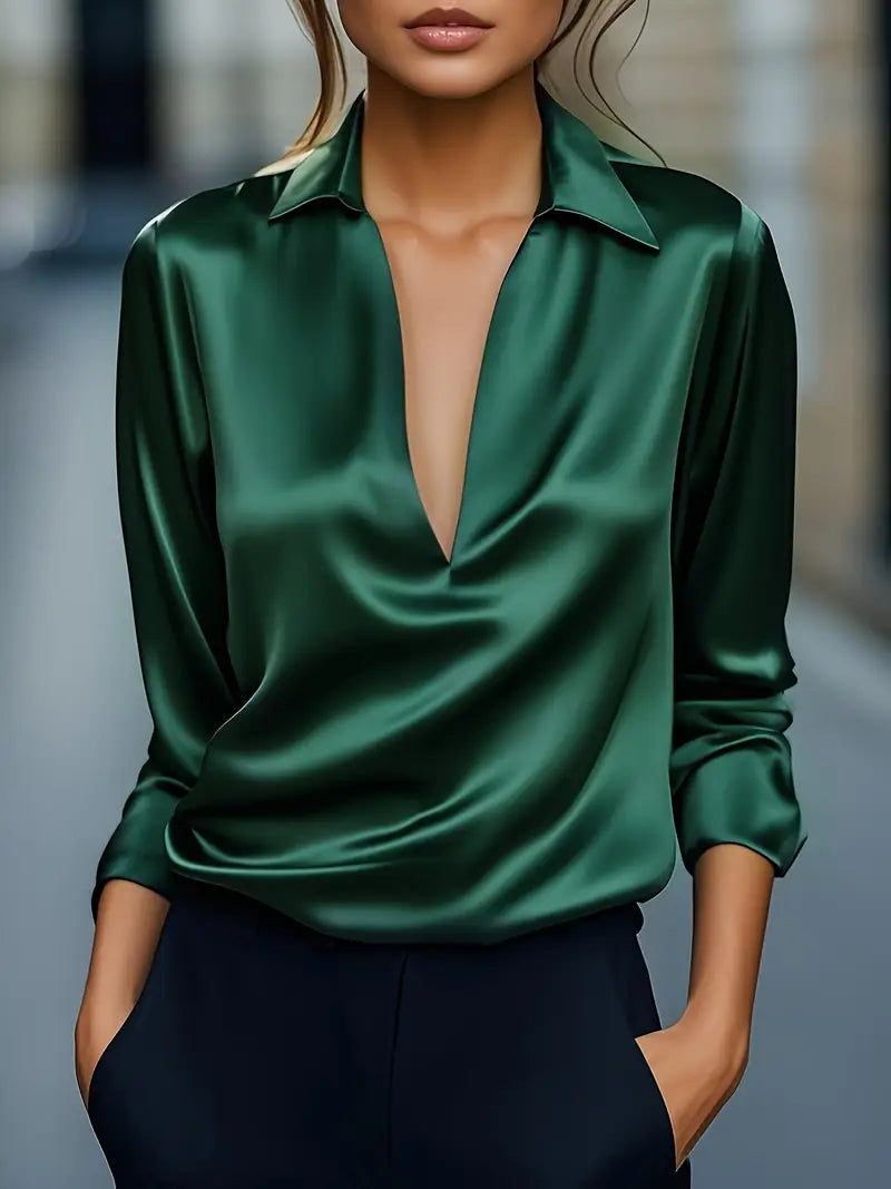 Women's V-Neck Blouse with Satin Finish and Elegant Design