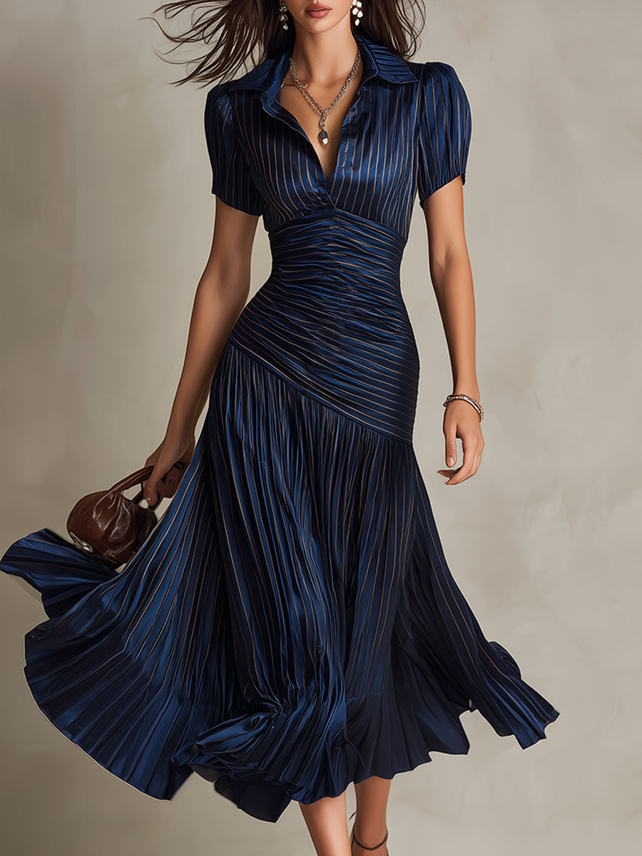 Glamorous Timeless Retro Striped Satin Pleated Silhouette Evening Luxe Midi Dress
