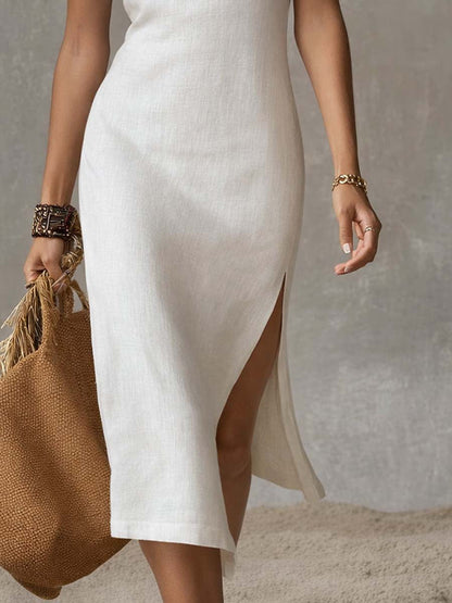 Luxurious Sleeveless Stand Collar Cotton Linen Texturized Breathability Midi Dress