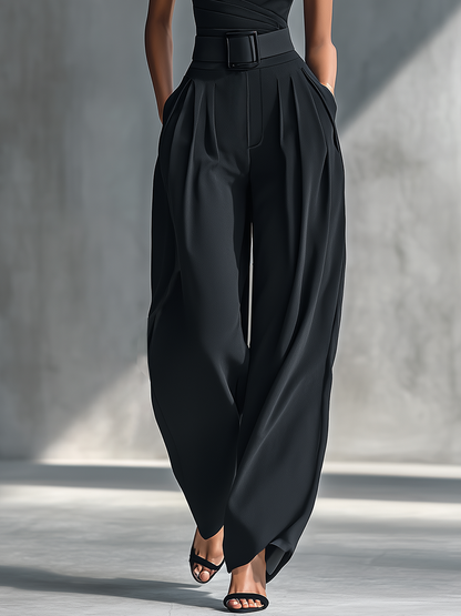 Stylish Black High-Elastic Knit Top With Comfortable Acetate Wide-Leg Pants Set