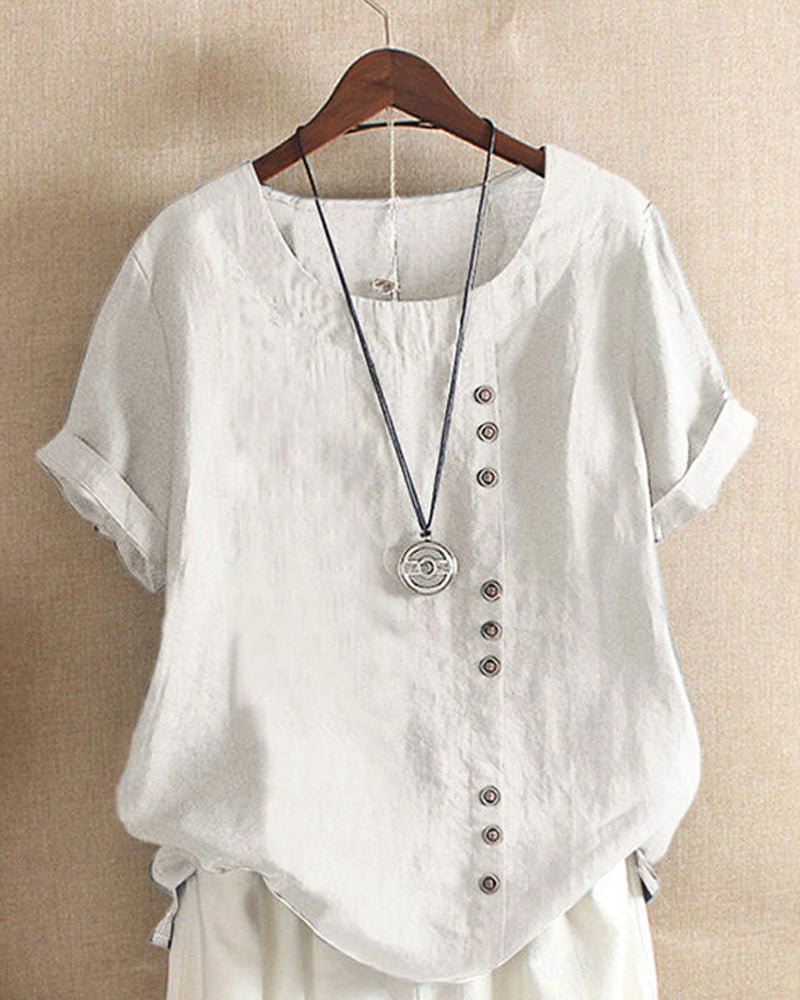Women's Casual Short Sleeve Top with Button Front and Crew Neck