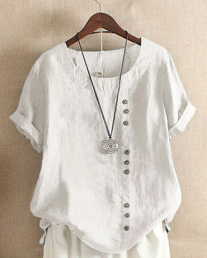 Women's Casual Short Sleeve Top with Button Front and Crew Neck