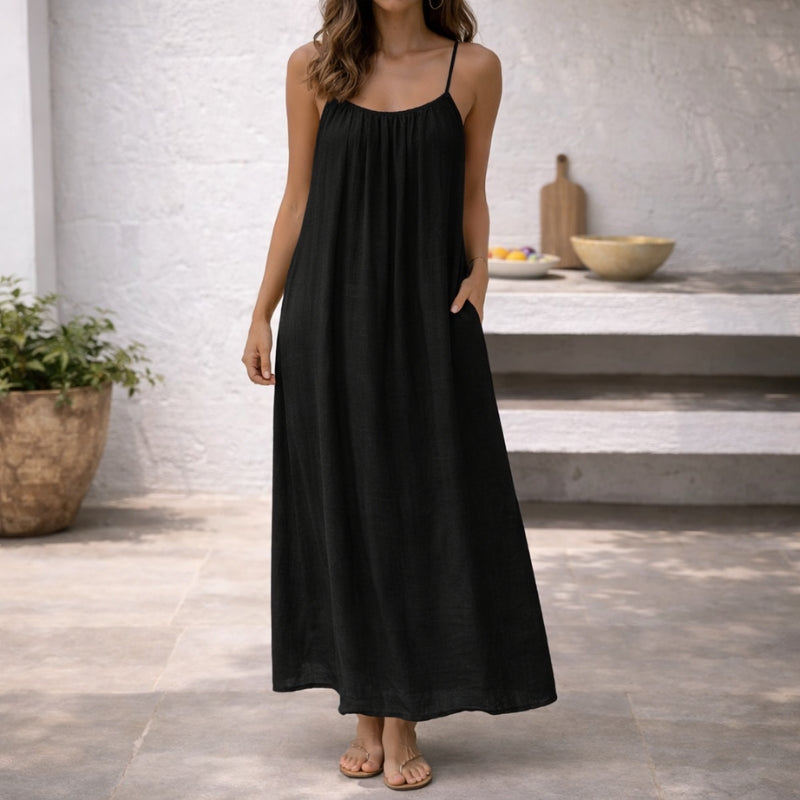 Effortlessly Spaghetti Strap Linen Gathered Neckline Pockets Breathable Maxi Dress